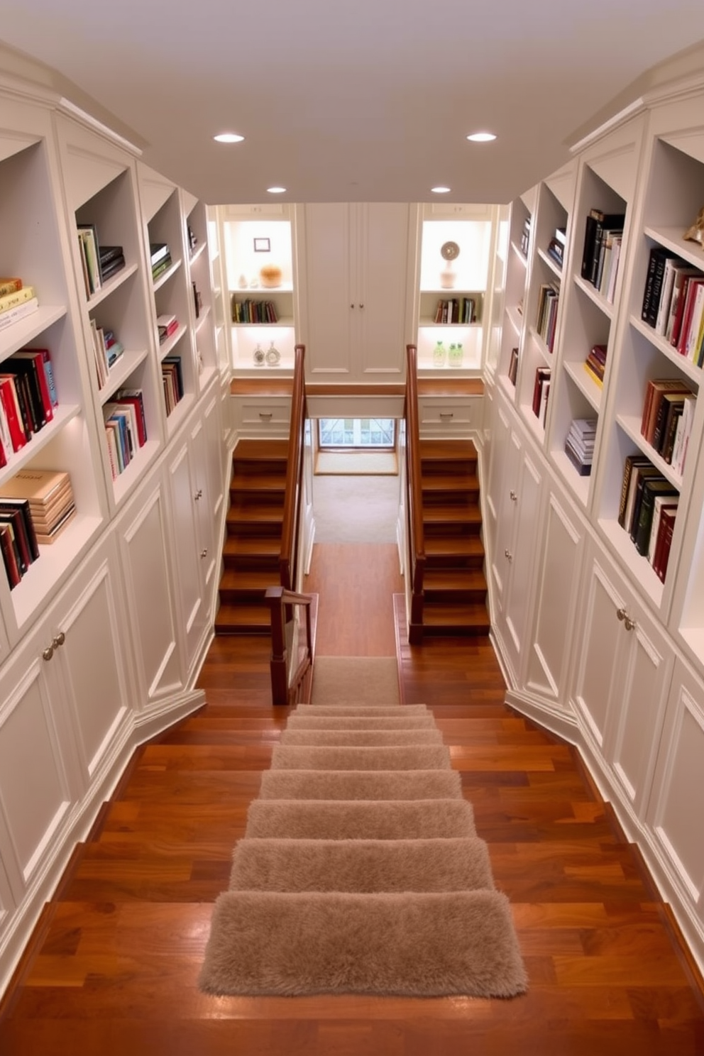 A grand staircase descends into the basement, flanked by elegant built-in bookshelves that showcase a curated collection of books and decorative items. The staircase features a rich hardwood finish, while the bookshelves are painted in a soft white hue, creating a striking contrast. Soft lighting is integrated into the shelves, highlighting the books and adding warmth to the space. A plush runner rug in a muted color runs down the center of the staircase, inviting a sense of comfort and style.