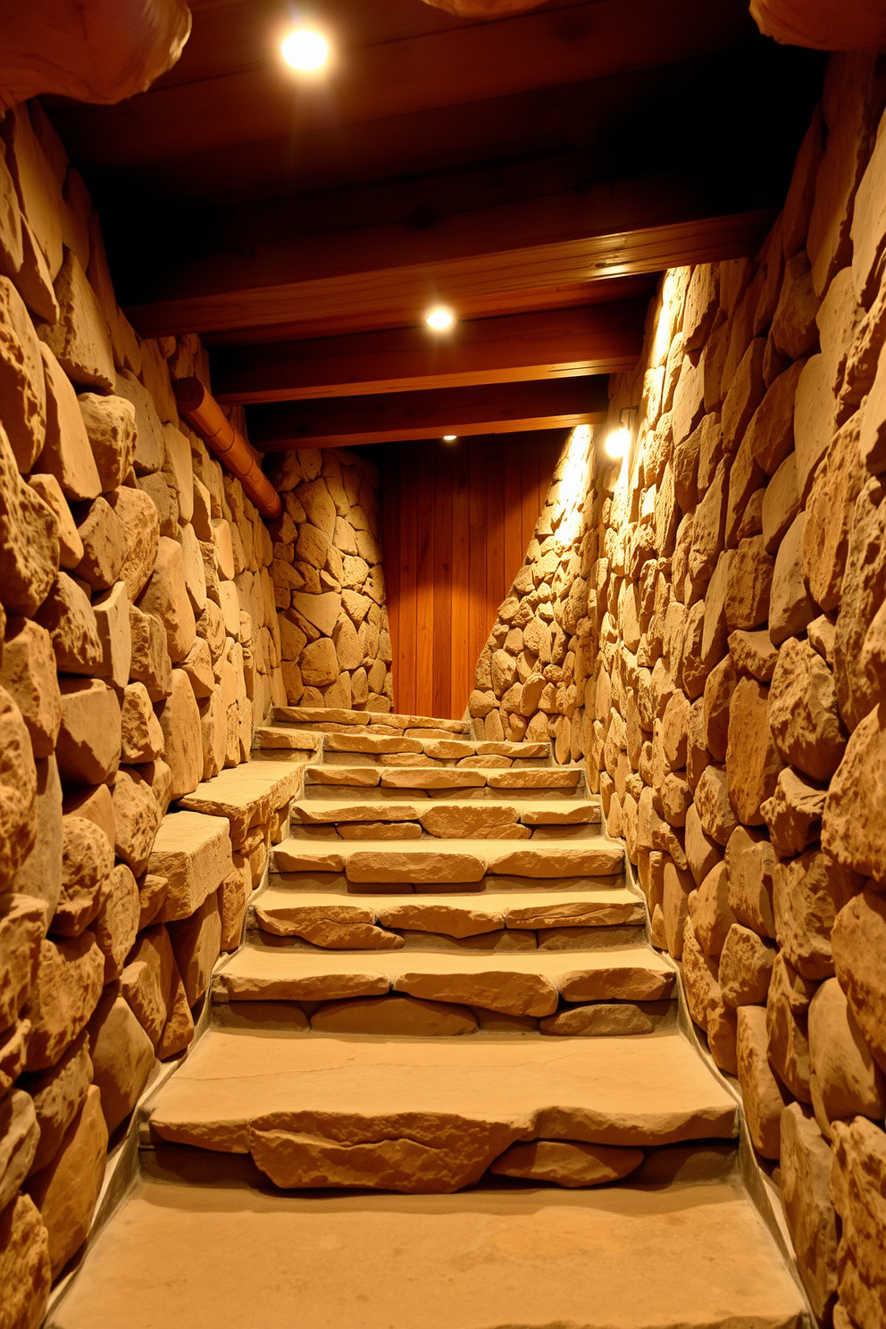 Natural stone steps lead down into a cozy basement, surrounded by warm wooden beams and soft ambient lighting. The walls are adorned with rustic wood paneling, creating an inviting atmosphere that enhances the natural beauty of the stone.