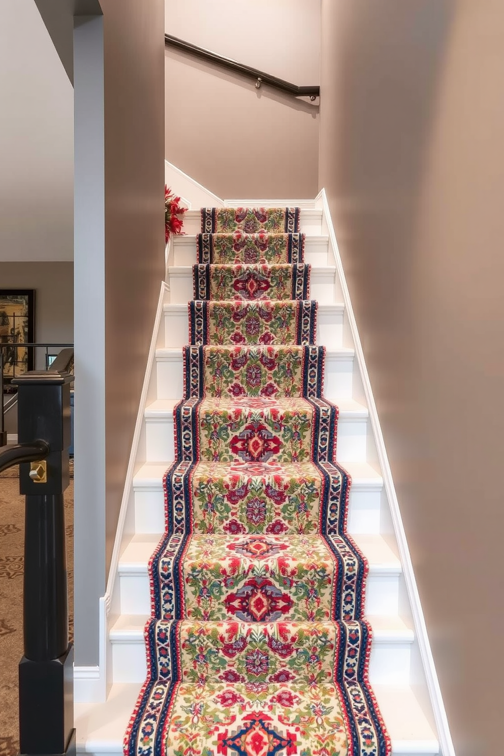 Brightly painted risers in vibrant colors create an eye-catching focal point for the basement staircase. The surrounding walls are finished in a soft neutral tone, allowing the risers to stand out and add a playful element to the space.