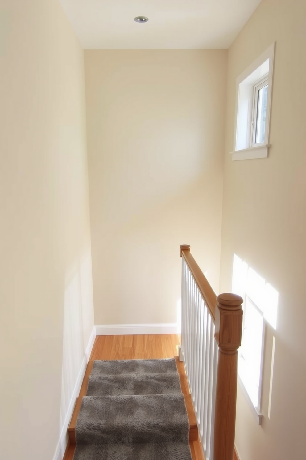 A serene basement staircase featuring soft beige walls and a light oak railing. The steps are made of polished wood, complemented by a plush runner in muted gray tones. Natural light filters in through a nearby window, illuminating the space and creating a warm ambiance. Decorative wall art in subtle colors adds an artistic touch to the staircase.