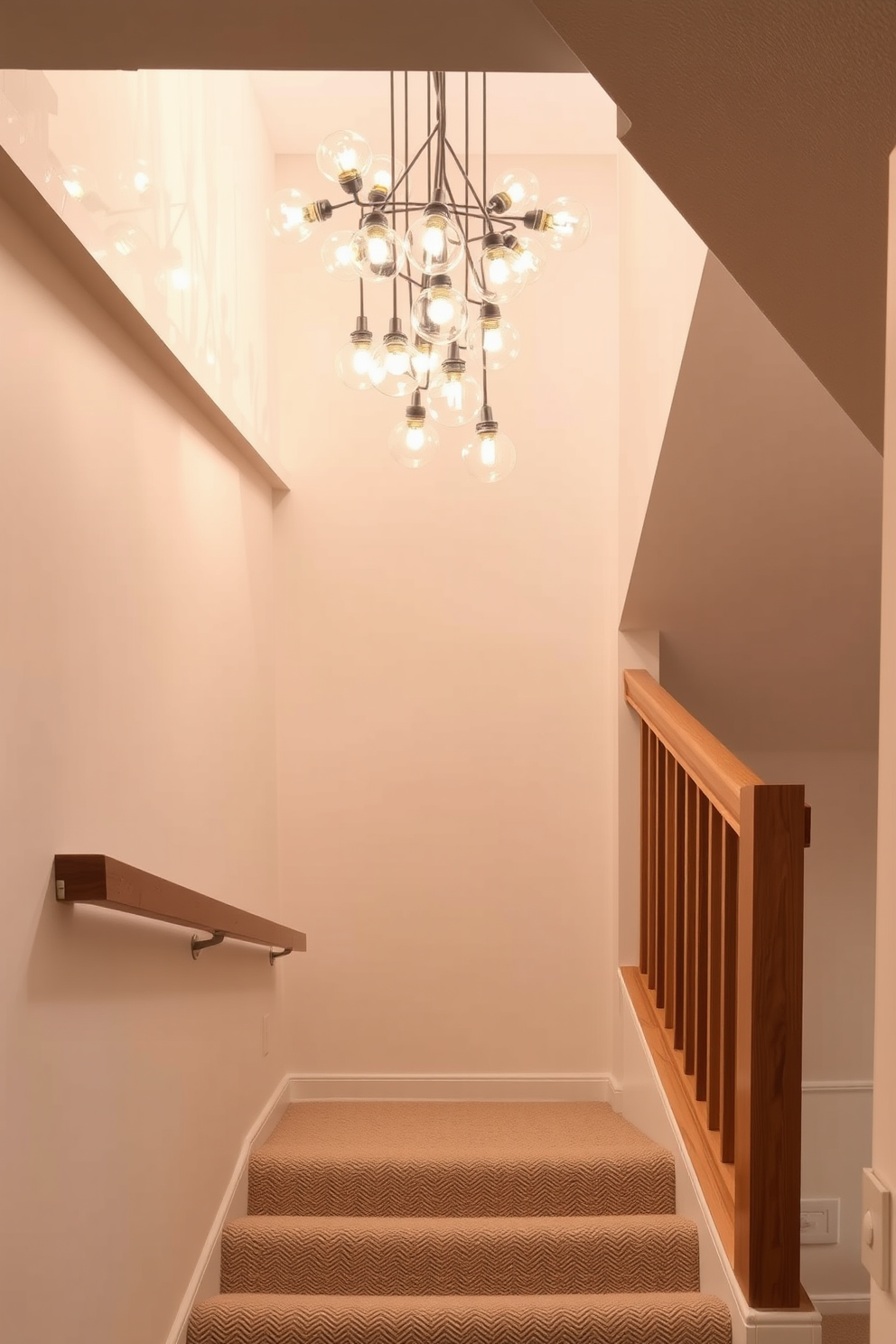 A basement staircase featuring a sleek modern design with a wooden railing and a soft carpet runner. Above the staircase, an artistic cluster of pendant lights creates a warm ambiance, illuminating the space with a stylish flair.