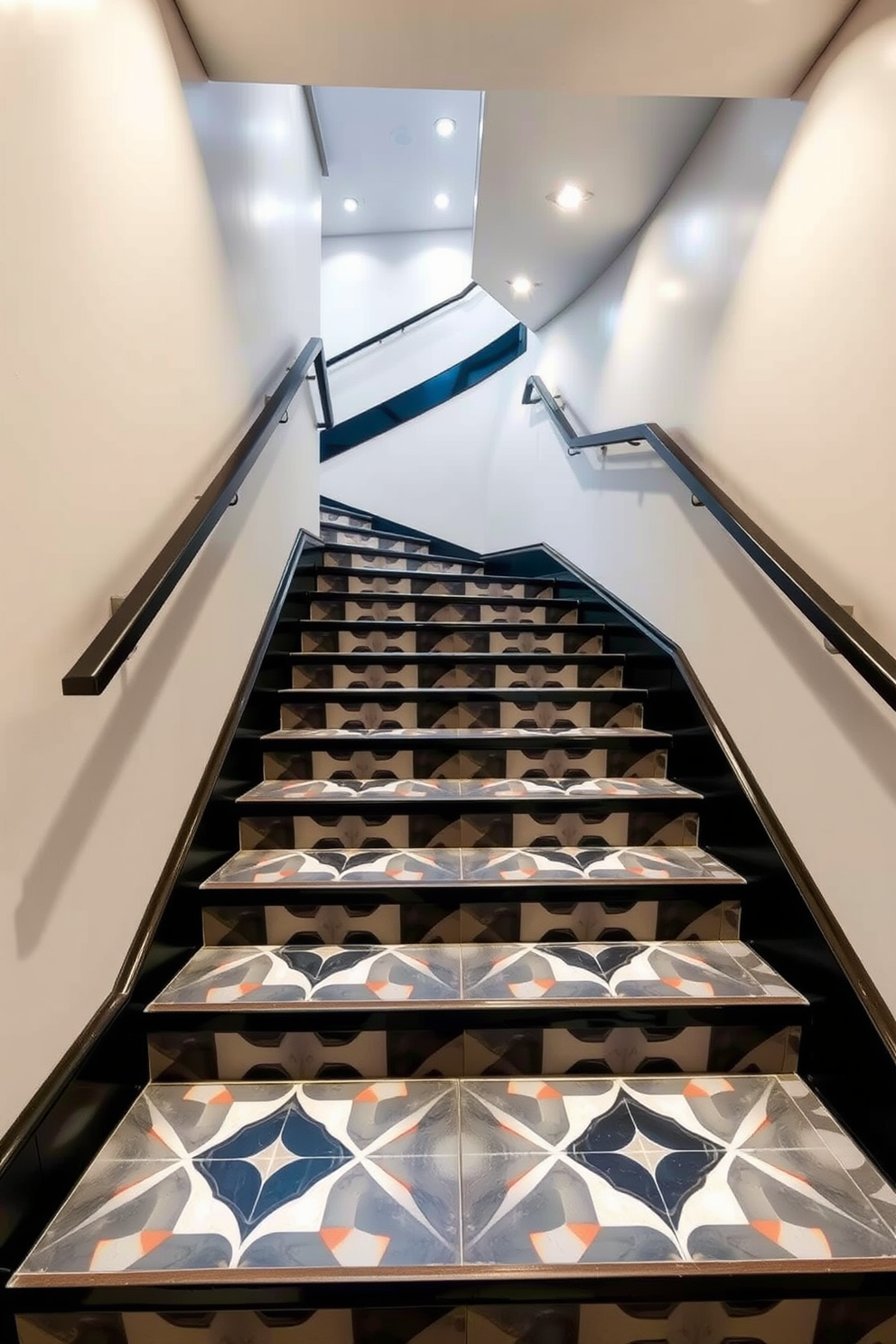 A stylish basement staircase featuring geometric patterns on the treads. The staircase is illuminated by recessed lighting, highlighting the unique shapes and colors of the patterns.