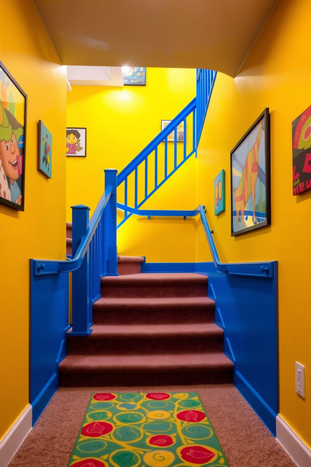 A basement staircase designed with chalkboard paint creates an interactive and playful atmosphere. The walls are coated in black chalkboard paint, allowing for creativity and personalization with drawings and notes. The staircase features wooden steps with a modern railing that complements the chalkboard aesthetic. Soft lighting illuminates the space, highlighting the unique design while providing a welcoming ambiance.