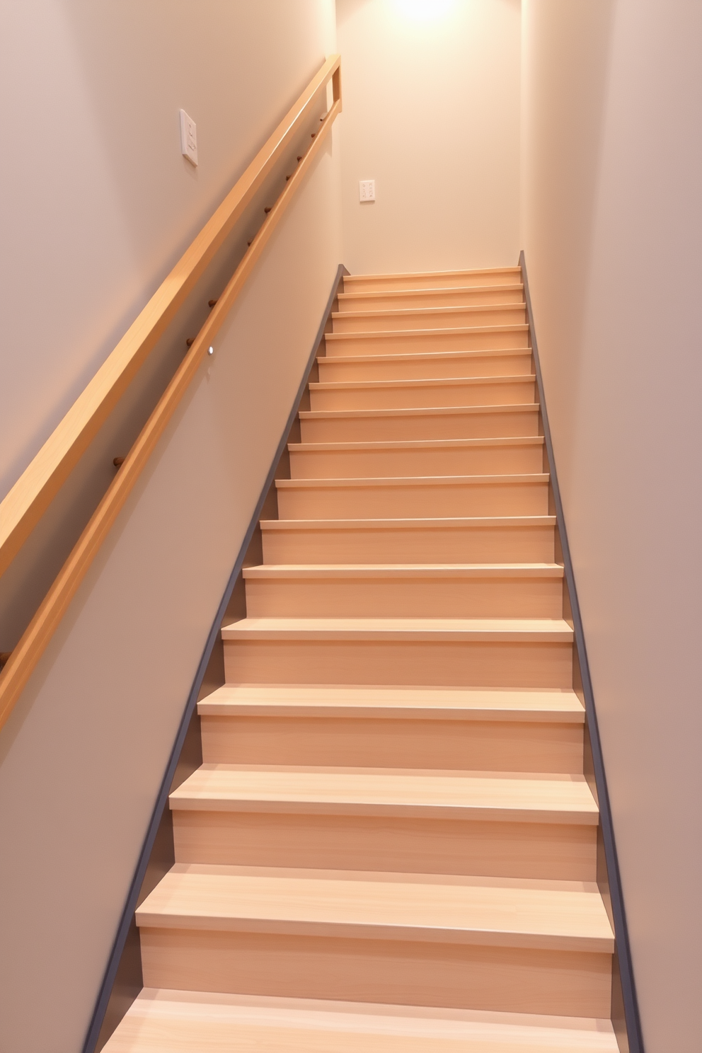 A minimalist basement staircase features sleek wooden steps with a light finish that seamlessly blend into the surrounding walls. The staircase is illuminated by recessed lighting, creating a warm ambiance while highlighting the clean lines of the design.