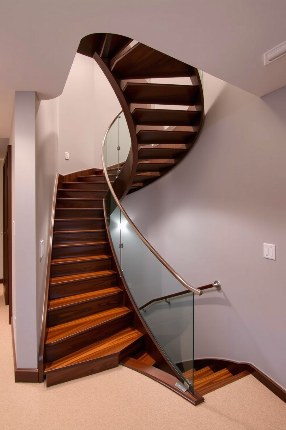 A unique basement staircase design featuring an asymmetrical spiral shape that draws the eye upward. The stairs are crafted from rich dark wood, complemented by a sleek glass railing that adds a modern touch. The walls surrounding the staircase are painted in a soft gray, creating a warm and inviting atmosphere. Ambient lighting is strategically placed to highlight the unique angles and curves of the staircase, enhancing its visual appeal.