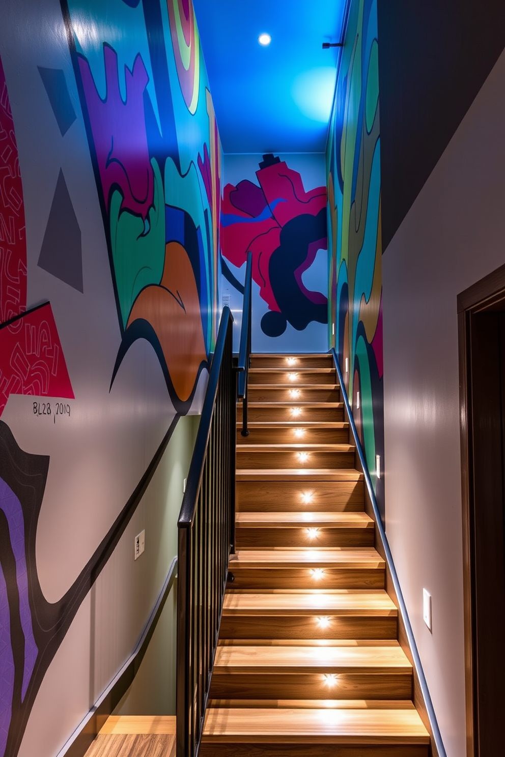 Artistic murals adorn the adjacent walls, bringing vibrant colors and unique textures to the space. The murals feature abstract designs that create a dynamic atmosphere, enhancing the overall aesthetic of the basement. The staircase is designed with sleek wooden steps and a modern metal railing, providing a stylish transition between levels. Soft ambient lighting illuminates the staircase, highlighting the artistic murals and creating an inviting atmosphere.