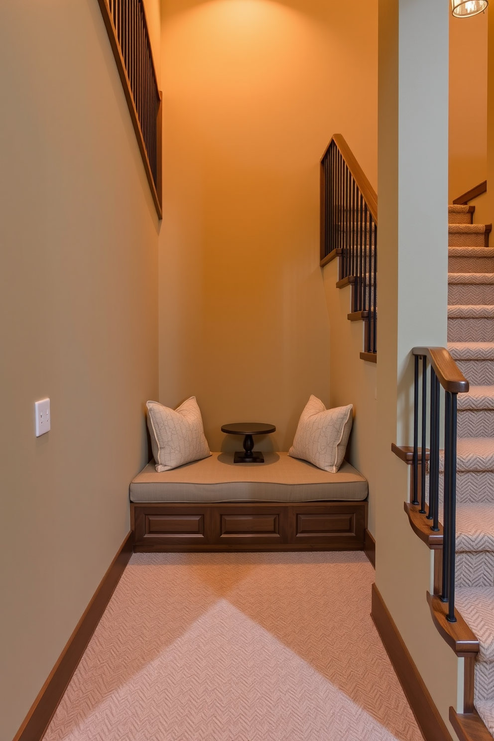 A warm and inviting basement staircase features integrated seating at the landing, creating a cozy nook for relaxation. The seating area is adorned with plush cushions and a small side table, perfect for enjoying a book or a cup of coffee.