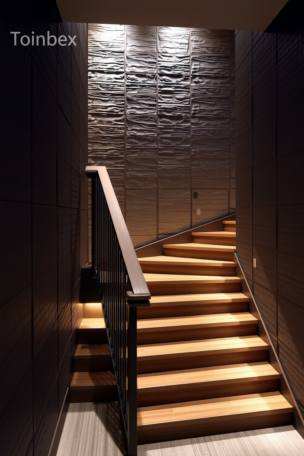 Textured wall panels create a stunning visual depth in a basement staircase. The staircase features sleek wooden steps with a modern railing, complemented by soft ambient lighting that highlights the textured panels.