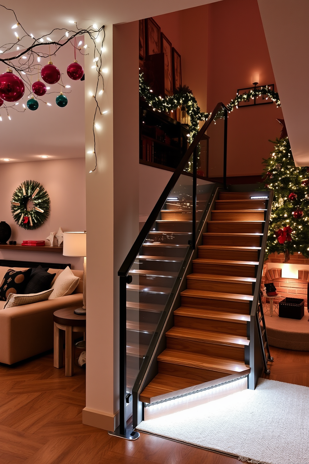 Brightly colored handrails create a playful atmosphere in a basement staircase design. The walls are painted in a light neutral tone, contrasting beautifully with the vibrant handrails that add a pop of color and excitement. The staircase features wide steps with a non-slip surface for safety and comfort. Soft lighting illuminates the space, enhancing the cheerful ambiance while highlighting the colorful handrails.