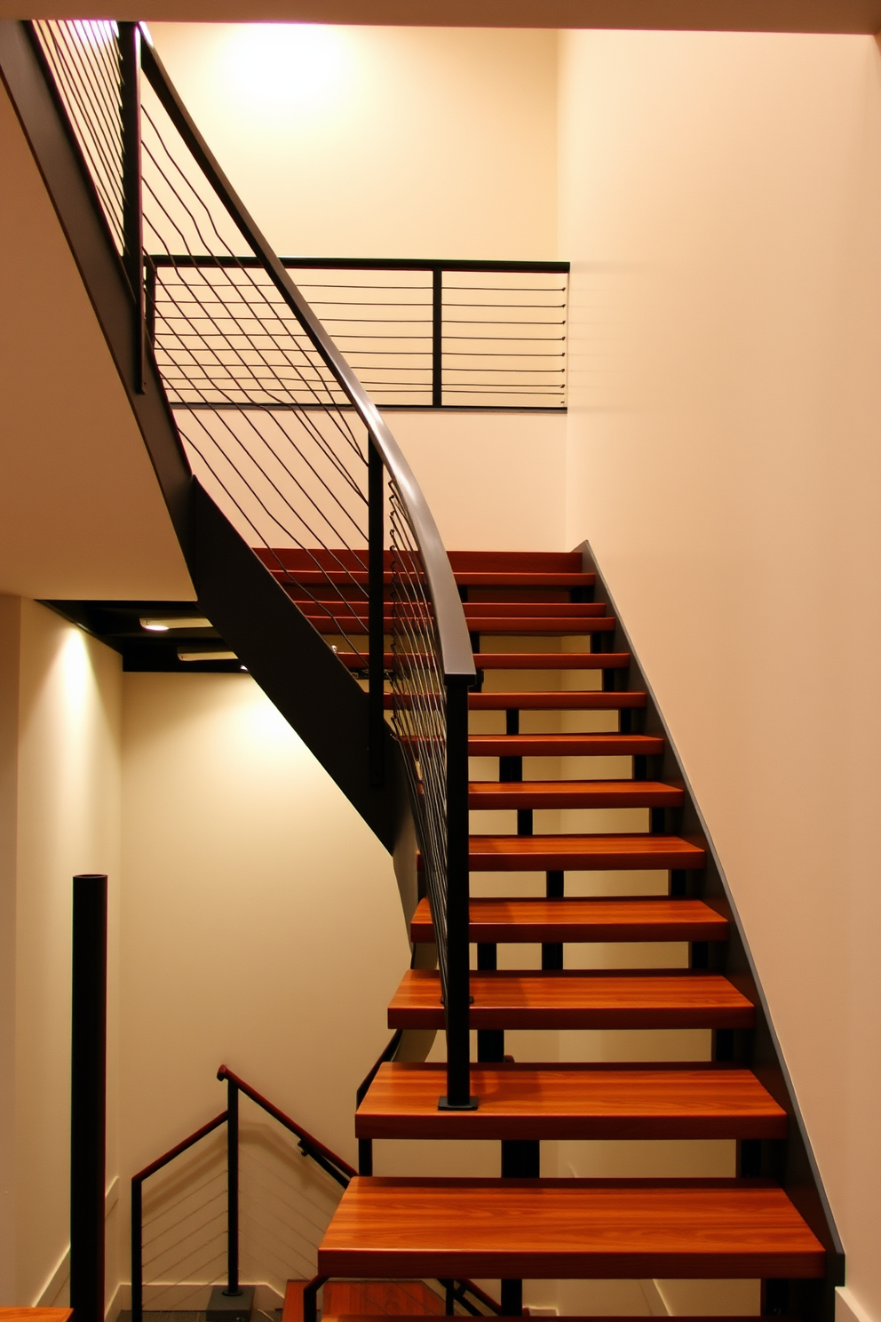 Open shelving beneath the stairs creates a functional and stylish storage solution. The shelves are crafted from reclaimed wood and are filled with an array of books, plants, and decorative items. The basement staircase features a modern design with sleek metal railings and warm lighting. The walls are painted in a soft gray, enhancing the inviting atmosphere of the space.