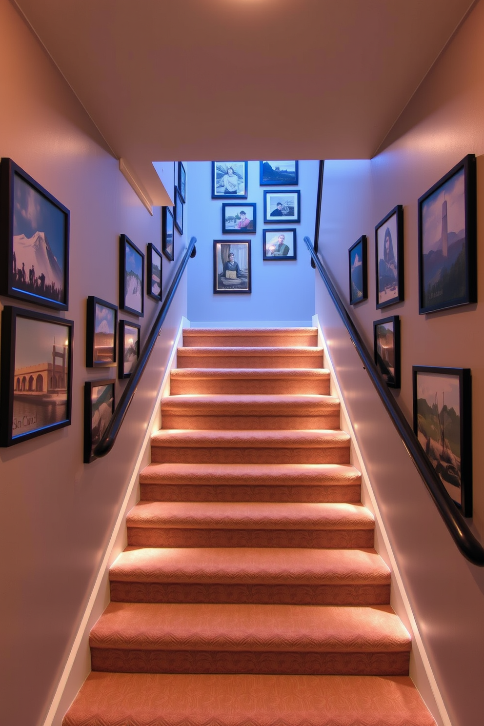 A beautifully designed basement staircase features personalized artwork displayed along the walls, creating a unique and inviting atmosphere. The staircase is illuminated by soft, warm lighting that highlights the artwork and enhances the overall aesthetic.