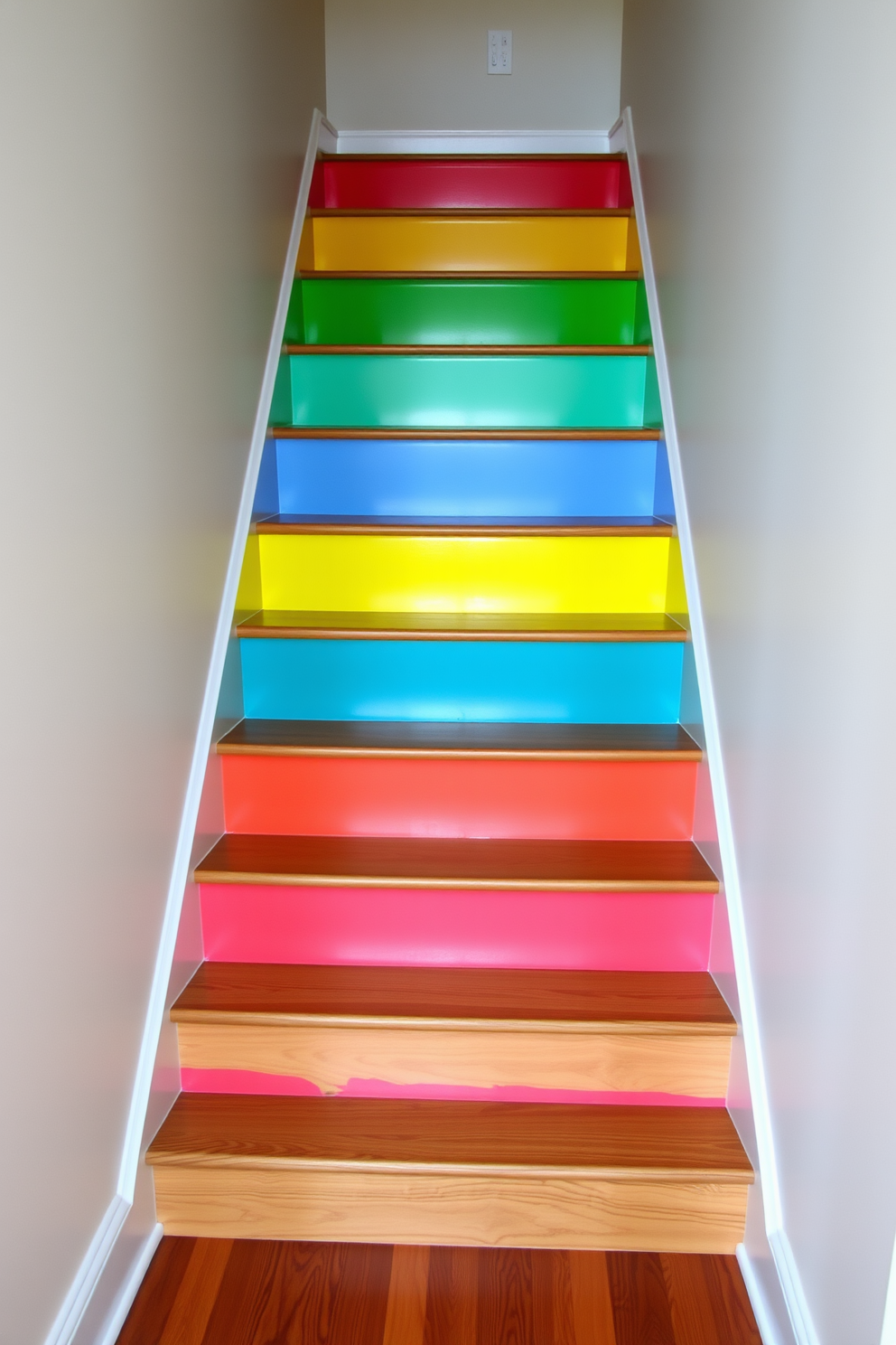 Brightly painted risers in vibrant colors create a lively contrast against the neutral walls of the basement staircase. The wooden steps are polished to a shine, providing a warm and inviting feel to the space.