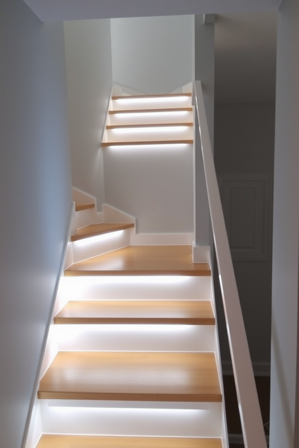 A modern basement staircase with sleek LED strip lighting illuminating each step. The walls are painted in a soft gray, and the handrail features a minimalist design, enhancing the contemporary feel of the space.