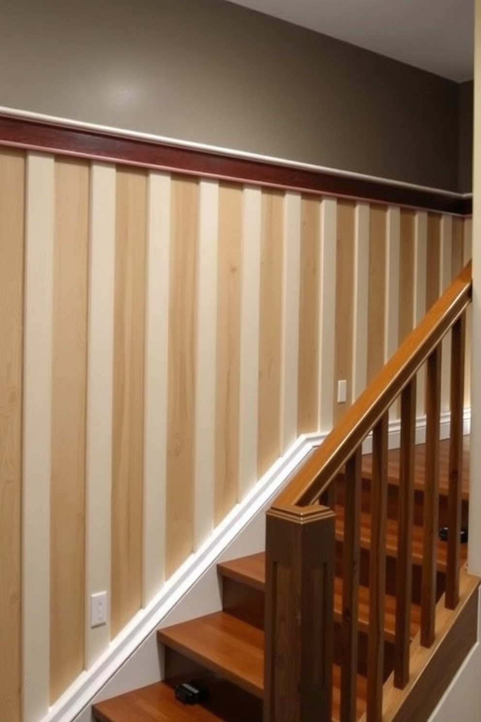 An industrial basement staircase features a striking metal railing complemented by warm wood accents. The combination of raw metal and natural wood creates a modern yet inviting atmosphere.