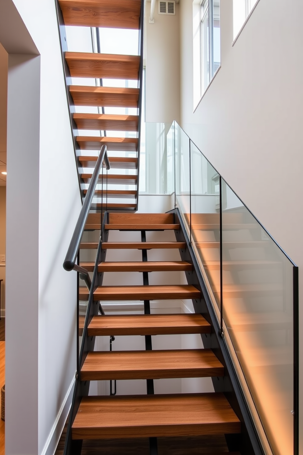 An open riser staircase creates an airy and spacious atmosphere, allowing natural light to flow freely through the space. The sleek design features wooden treads that seamlessly connect to the surrounding walls, enhancing the modern aesthetic of the basement. Incorporating glass railings adds a touch of elegance while maintaining visibility and openness. Consider using warm lighting to highlight the staircase, creating a welcoming focal point in your basement design.