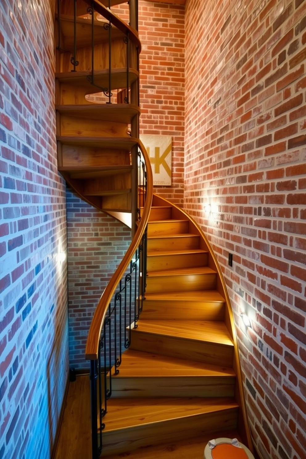 A warm and inviting basement staircase features cork flooring that adds a natural texture and comfort underfoot. The walls are painted in soft earth tones, creating a harmonious atmosphere while stylish lighting fixtures illuminate the steps.