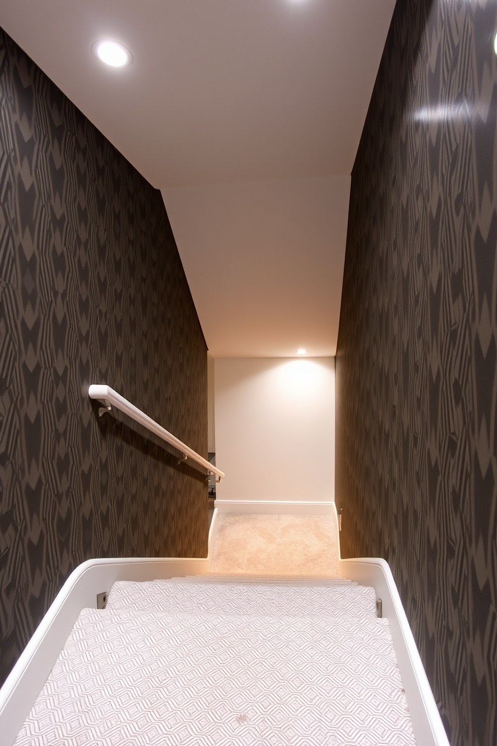 Stylish wallpaper adorns the walls of a basement staircase, featuring a bold geometric pattern that adds visual interest. The staircase is illuminated by soft, recessed lighting, enhancing the modern aesthetic and creating a welcoming atmosphere.