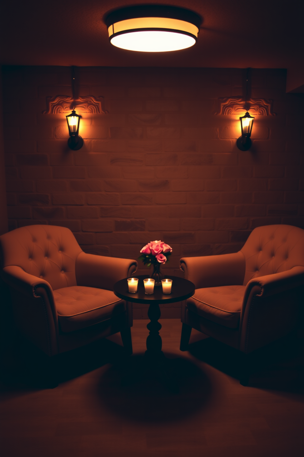 A cozy candlelit seating area for two is set in a softly lit basement. Plush armchairs are positioned around a small round table adorned with flickering candles and a vase of fresh roses.