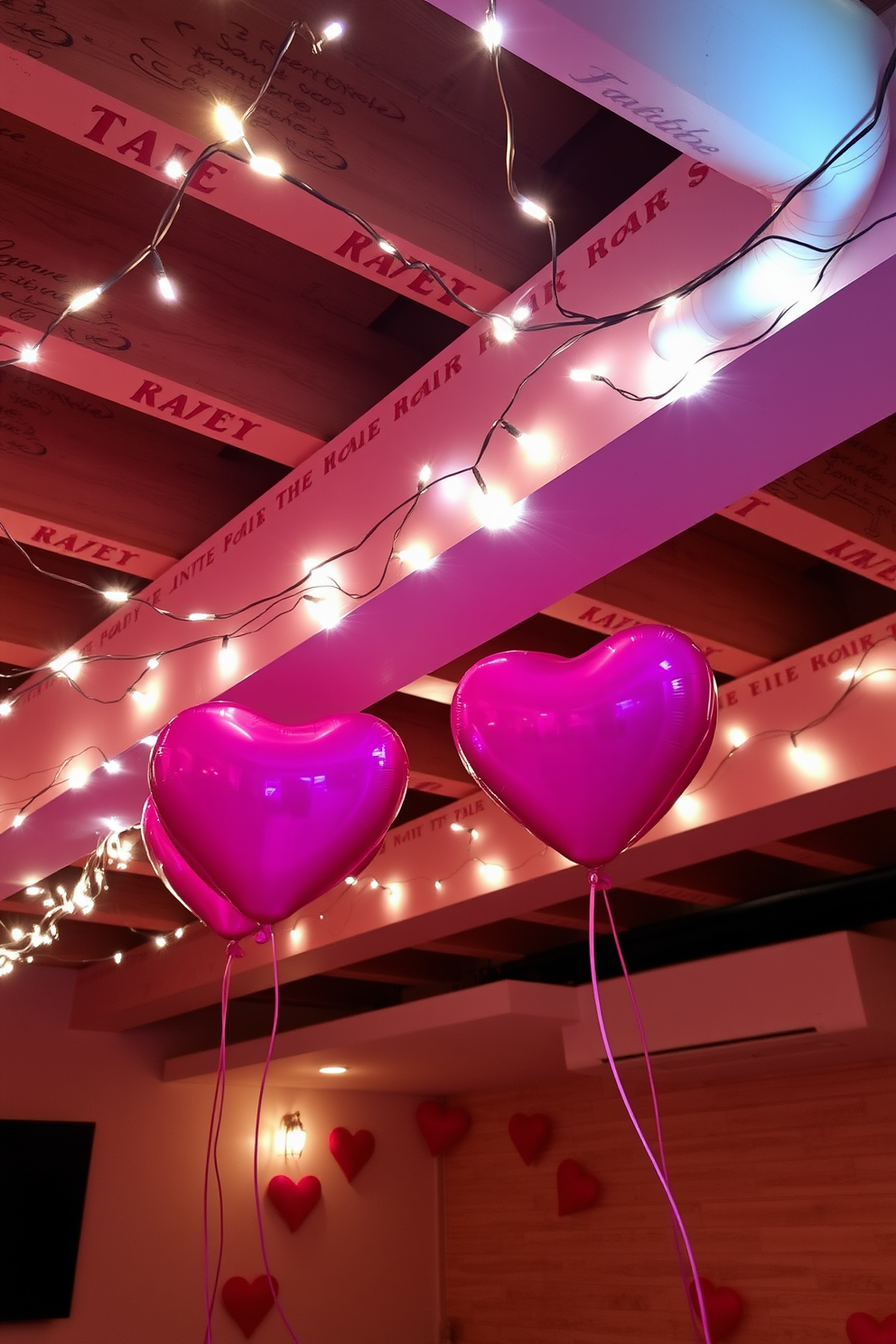 A whimsical table setting adorned with heart-shaped confetti scattered across a white tablecloth. The centerpiece features a bouquet of red roses in a glass vase surrounded by flickering candles. The basement is transformed into a cozy Valentine's Day retreat with soft fairy lights strung along the walls. Plush cushions in shades of pink and red create an inviting atmosphere for intimate gatherings.