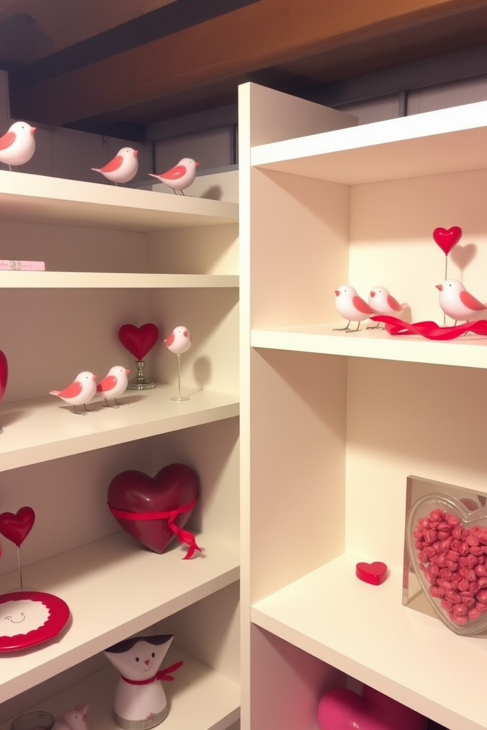 Cute lovebirds figurines are placed on various shelves throughout the basement, adding a whimsical touch to the decor. The shelves are adorned with red and pink accents, creating a warm and romantic atmosphere for Valentine's Day.