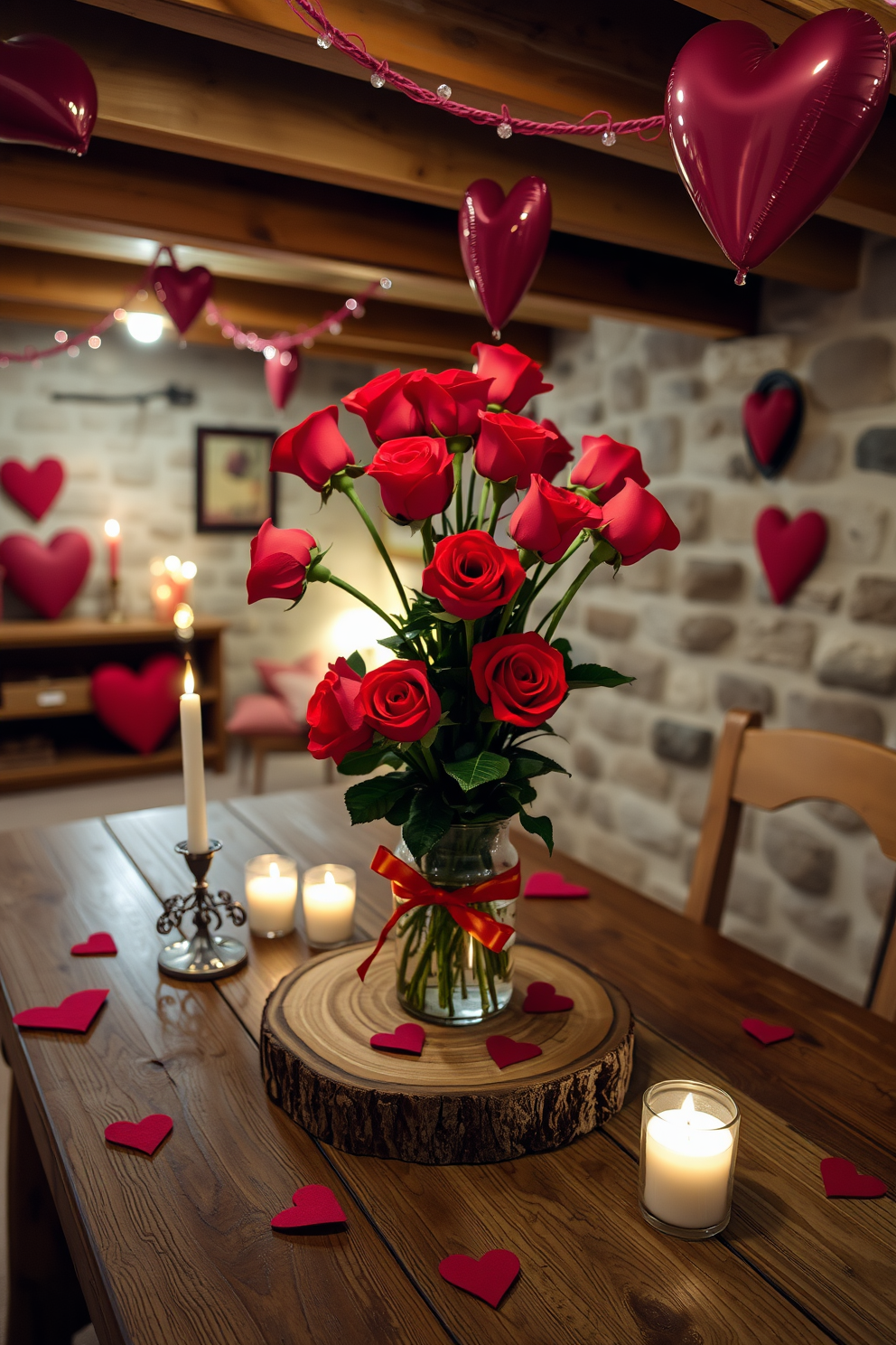 A cozy basement setting adorned for Valentine's Day. A decorative vase filled with vibrant red roses sits on a rustic wooden table, surrounded by soft candlelight and heart-themed accents.