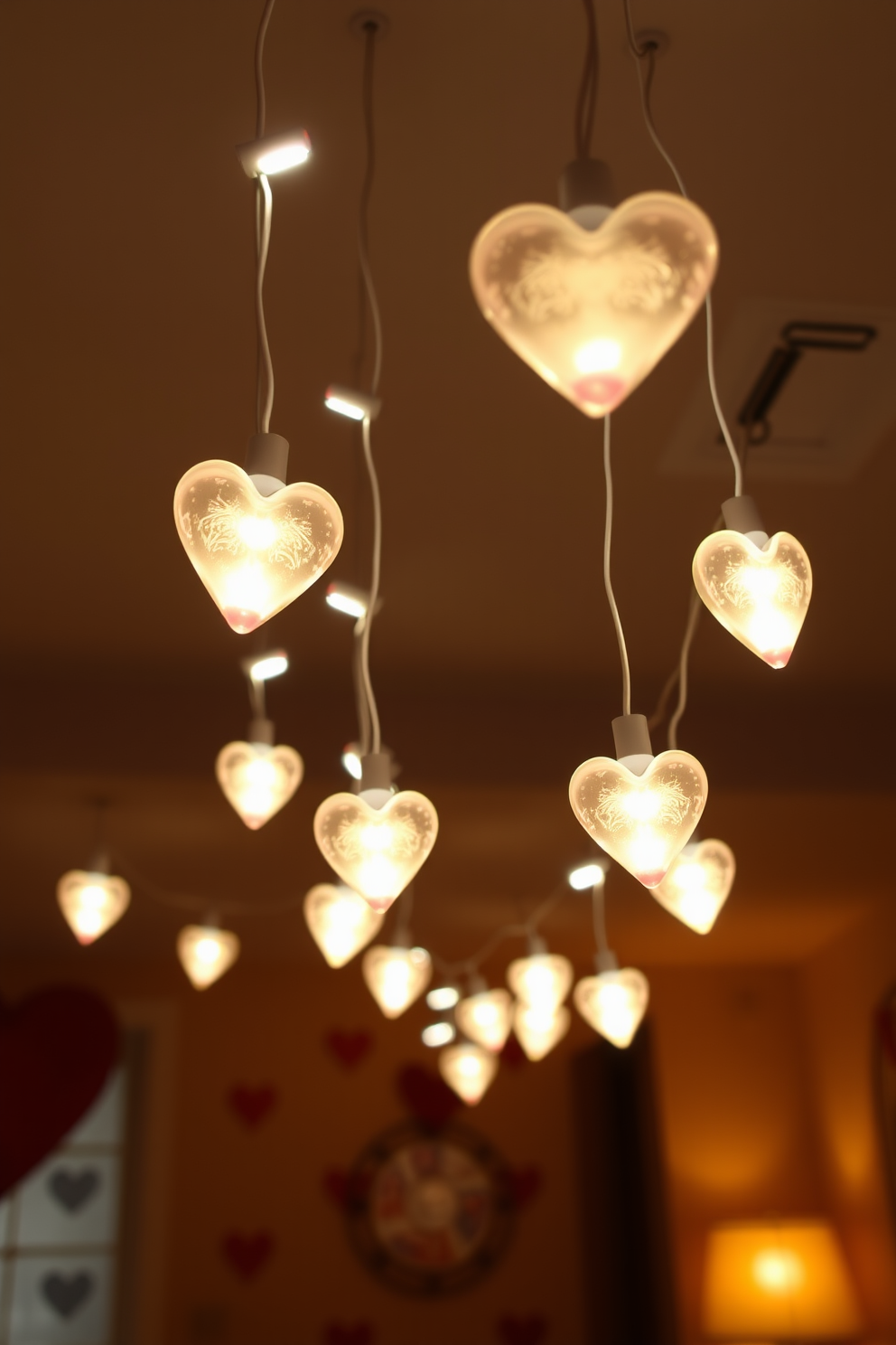 String lights with heart-shaped bulbs create a warm and romantic atmosphere in the basement. The soft glow illuminates the space, enhancing the cozy feel for a Valentine's Day celebration.