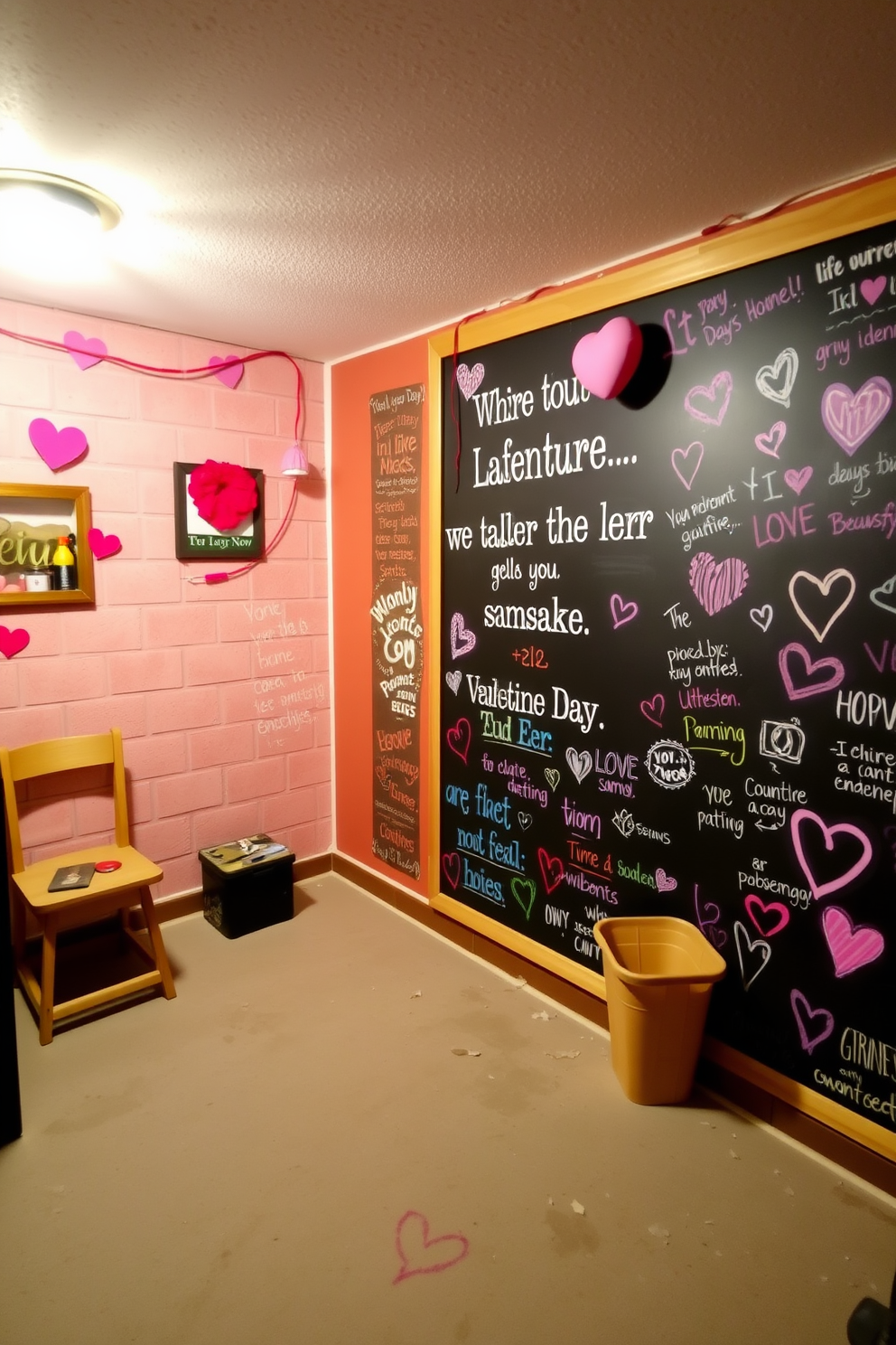 A charming basement setting decorated for Valentine's Day features a large chalkboard with cute love quotes written in colorful chalk. Surrounding the chalkboard are heart-shaped garlands and soft fairy lights that create a warm and inviting atmosphere.