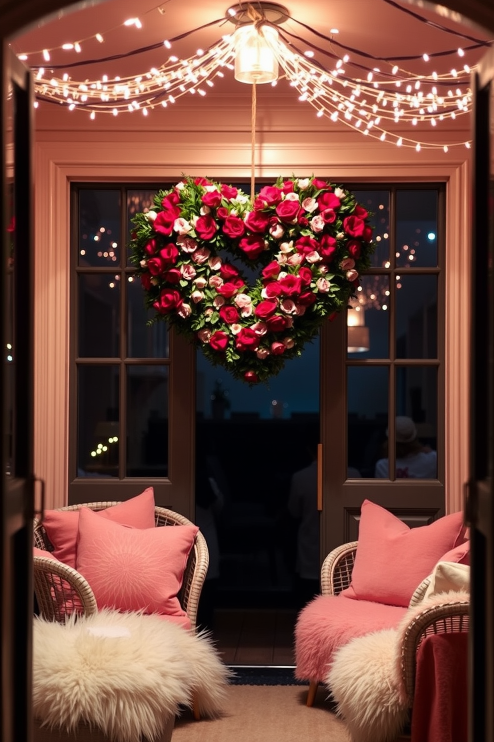 A charming heart-shaped wreath adorns the front door, crafted from lush red and pink flowers intertwined with greenery. Soft, ambient lighting illuminates the entrance, creating a warm and inviting atmosphere for Valentine's Day celebrations. The basement is transformed into a romantic retreat with delicate string lights draped across the ceiling, casting a gentle glow. Cozy seating areas are adorned with plush cushions and throws in shades of pink and white, perfect for intimate gatherings.