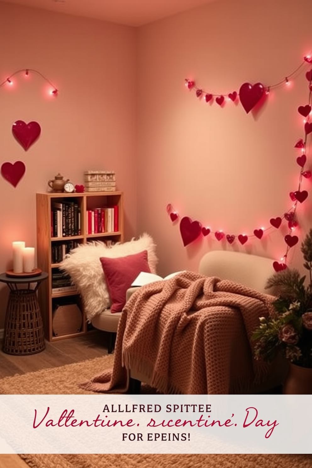 Cozy reading nook with soft lighting and plush cushions. A small bookshelf filled with romantic novels sits against the wall, inviting you to curl up and read. Basement decorated for Valentine's Day with heart-shaped garlands and candles. A warm throw blanket drapes over a comfortable chair, creating an intimate atmosphere for a cozy evening.