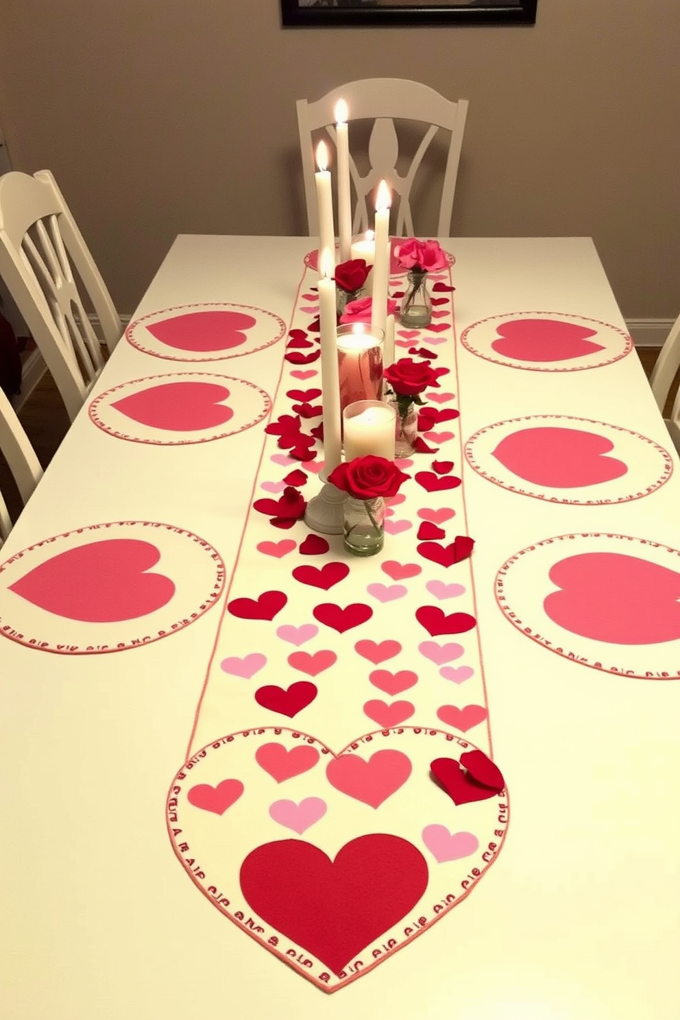 A romantic dining setting featuring a Valentine themed table runner adorned with hearts in shades of red and pink. The matching placemats complement the runner, creating a cohesive look for a cozy basement celebration. Soft lighting enhances the atmosphere, with candles placed along the center of the table. Decorative elements like rose petals and small vases of fresh flowers add a touch of elegance to the festive decor.