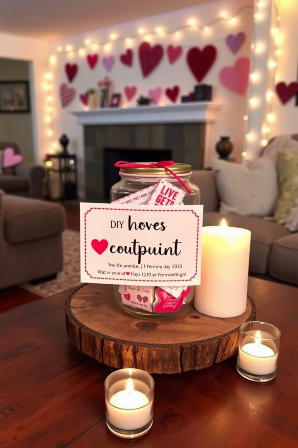 A charming DIY love coupon jar sits on a rustic coffee table, surrounded by soft candlelight. The jar is filled with colorful coupons, each offering sweet gestures and romantic surprises for Valentine's Day. The basement is transformed into a cozy retreat with warm string lights adorning the walls. Heart-themed decorations and plush seating create an inviting atmosphere perfect for celebrating love.