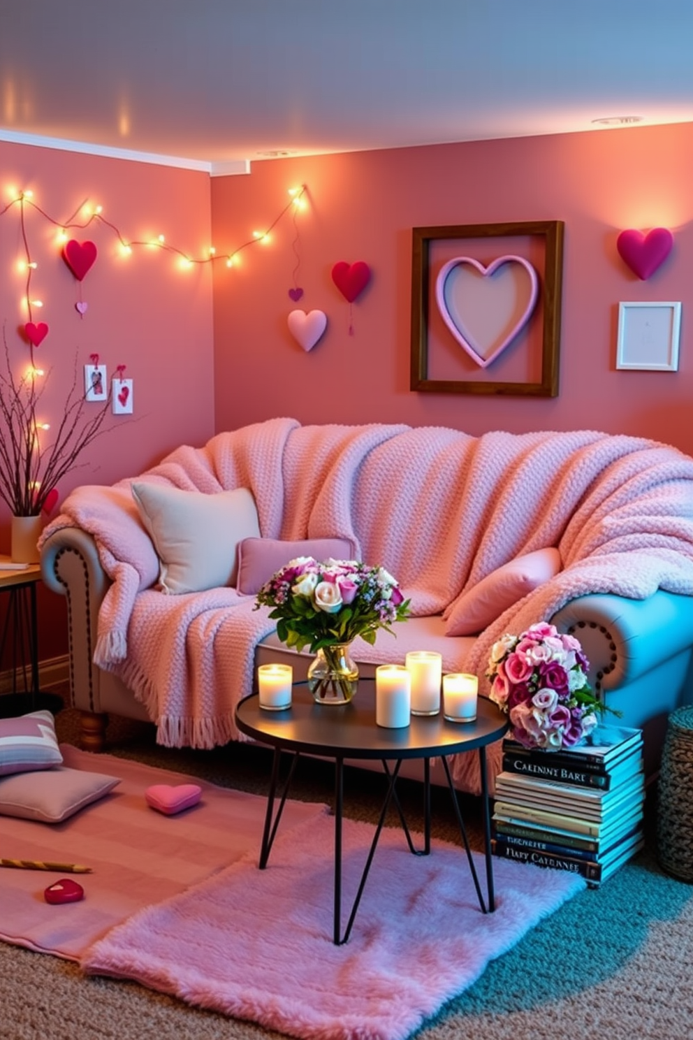 A charming drink station for Valentine's Day is set up in a cozy basement. There are heart-shaped decorations adorning the walls and a table covered with a deep red tablecloth. On the table, a variety of drinks are displayed in elegant glassware, including pink lemonade and sparkling wine. Surrounding the drink station are soft, ambient lights that create a romantic atmosphere.