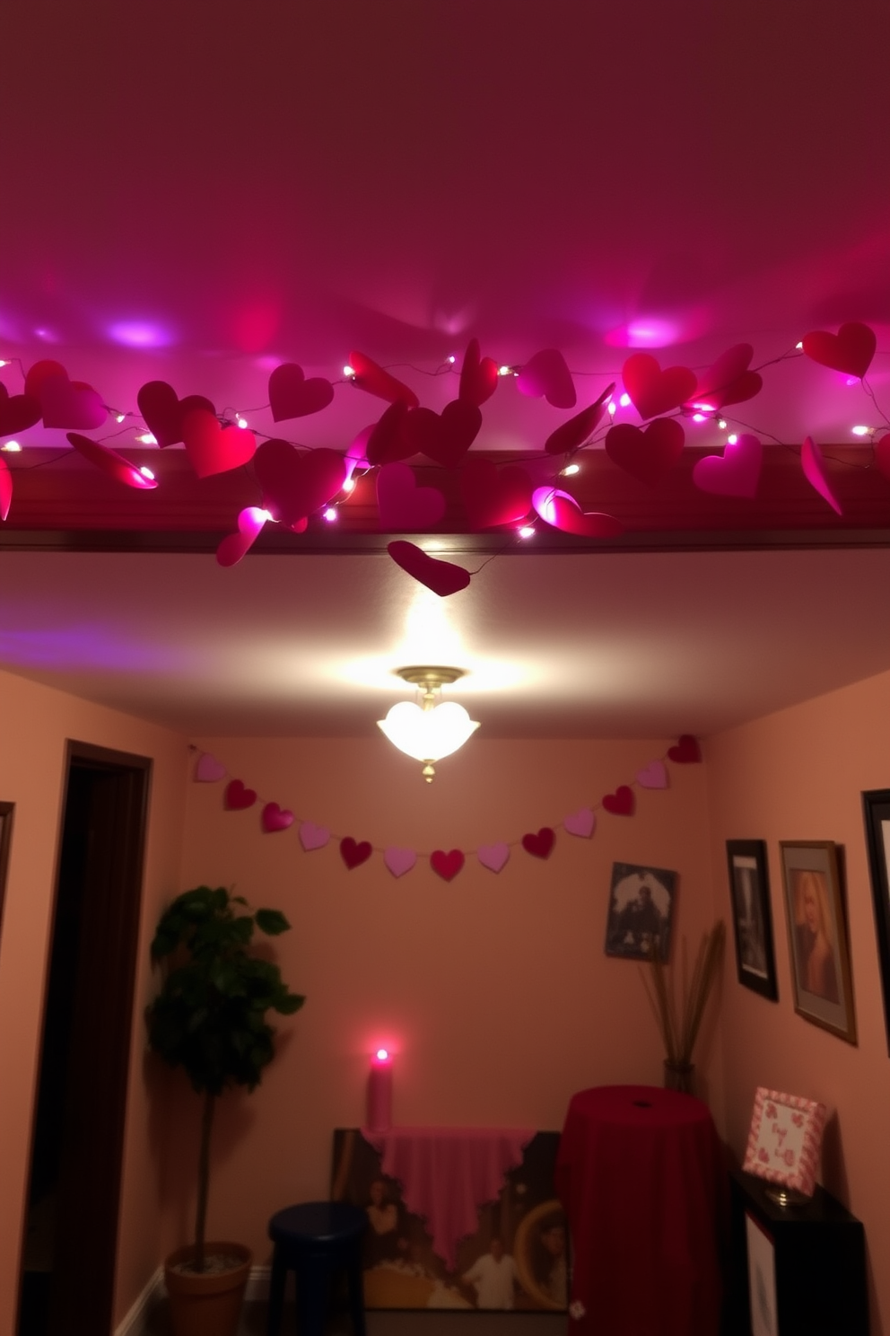 A whimsical heart-shaped balloon garland drapes elegantly across the ceiling, creating a festive atmosphere for Valentine's Day. The balloons in shades of red, pink, and white are arranged in a playful pattern, adding a touch of romance to the basement space. Soft string lights twinkle alongside the garland, enhancing the warm and inviting ambiance. Below, a cozy seating area is adorned with plush cushions and a small table set for a sweet Valentine's Day celebration.