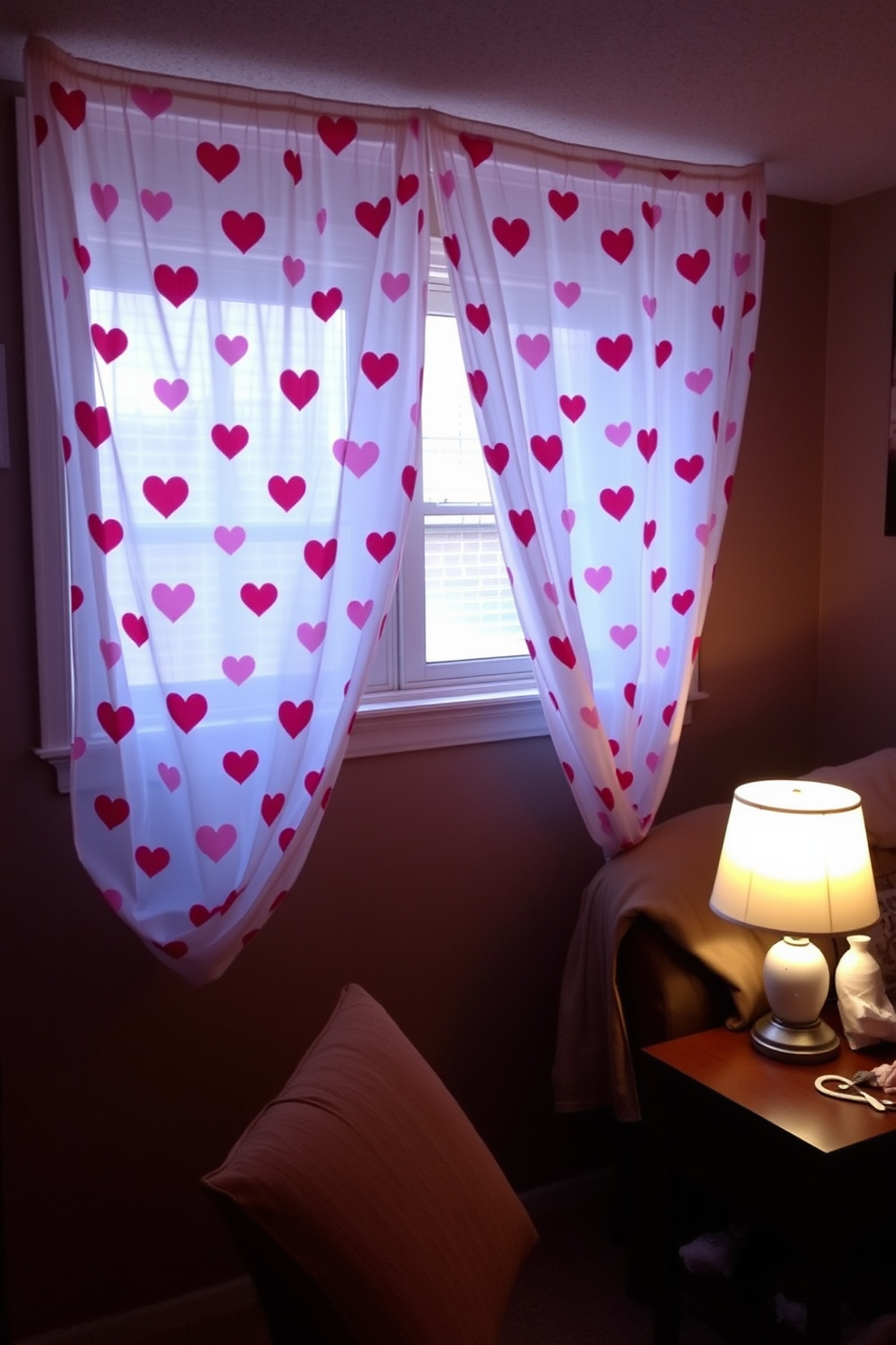 A cozy basement setting adorned with heart-patterned curtains that flutter gently in the breeze. The curtains add a festive touch to the space, creating a warm and inviting atmosphere perfect for Valentine's Day celebrations.