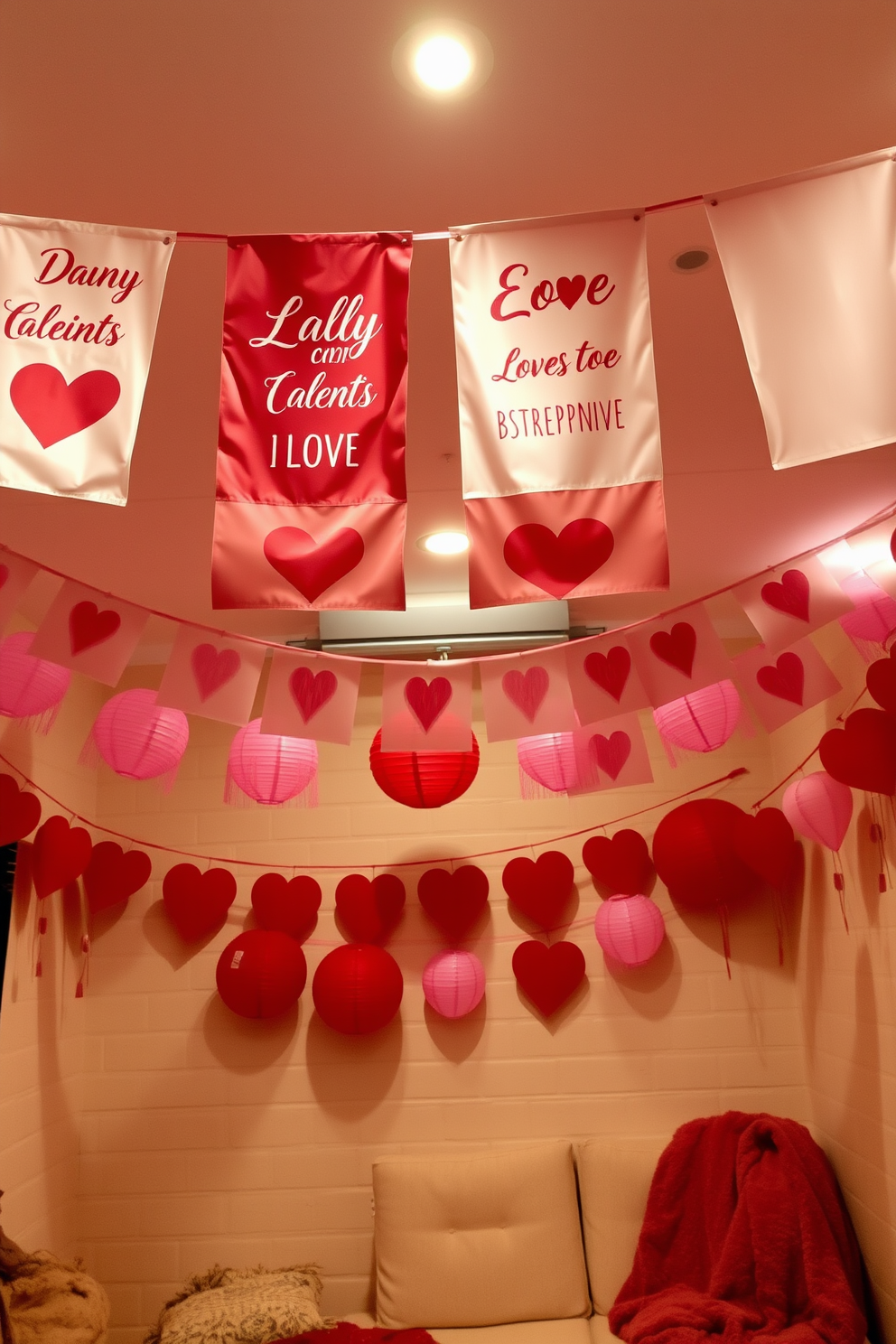 Banners with romantic messages hang gracefully across the basement ceiling, creating a warm and inviting atmosphere. Soft lighting illuminates the space, casting a gentle glow on the decorations. The walls are adorned with heart-shaped garlands and paper lanterns in shades of red and pink. A cozy seating area features plush cushions and throws, perfect for intimate gatherings.