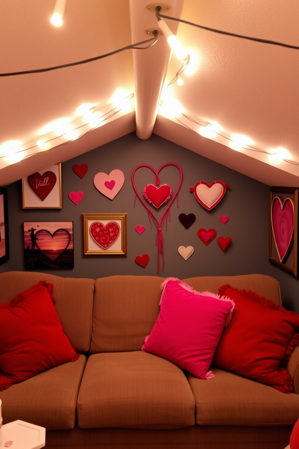 A cozy basement space adorned with Valentine themed art pieces. The walls are decorated with romantic paintings and heart-shaped wall hangings that create a warm atmosphere. Soft lighting enhances the ambiance, with string lights draped across the ceiling. A plush sofa is accented with red and pink throw pillows, inviting relaxation and celebration of love.