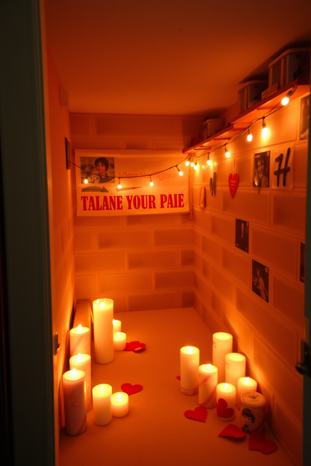 Colorful heart-shaped string lights hang delicately across the ceiling of a cozy basement space. The walls are adorned with festive decorations, creating a warm and inviting atmosphere for Valentine's Day celebrations.