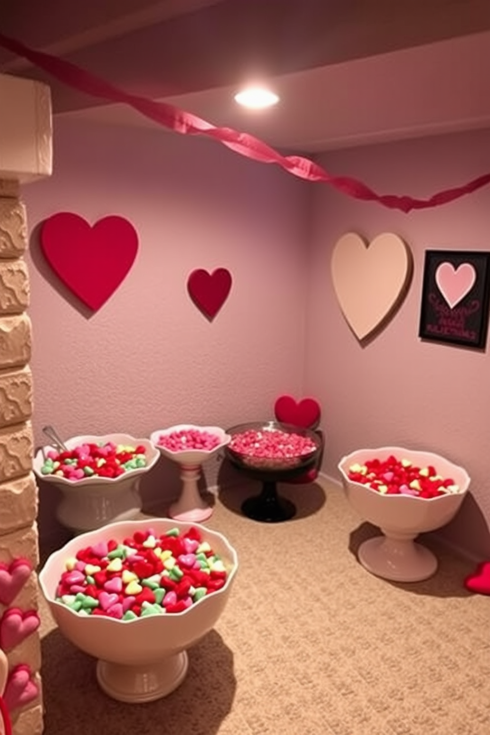 A cozy basement space is transformed for Valentine's Day with decorative bowls filled with colorful heart-shaped candies. Soft lighting illuminates the room, creating a warm and inviting atmosphere perfect for celebrating love.