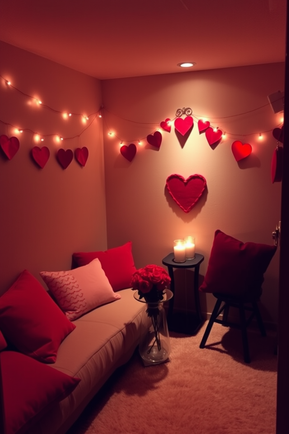 A cozy basement setting perfect for a romantic Valentine's Day celebration. Soft lighting creates an intimate atmosphere, complemented by a curated playlist of theme music to enhance the ambiance. Decorative elements include heart-shaped garlands draped across the walls and a plush seating area adorned with red and pink cushions. A small table is set with candles and a bouquet of roses, inviting guests to relax and enjoy the festive decor.