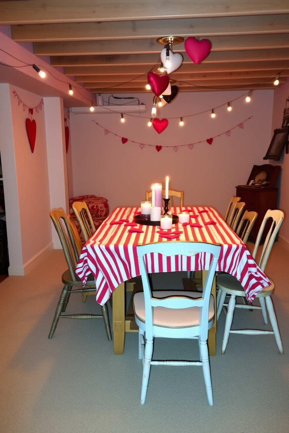 A cozy basement dining area adorned with a red and white striped tablecloth draping elegantly over a rustic wooden dining table. Surrounding the table are mismatched vintage chairs, creating a warm and inviting atmosphere perfect for a Valentine's Day celebration. Soft, ambient lighting hangs from the ceiling, casting a gentle glow over the space. Heart-shaped decorations and romantic candles are scattered across the table, enhancing the festive mood for the occasion.