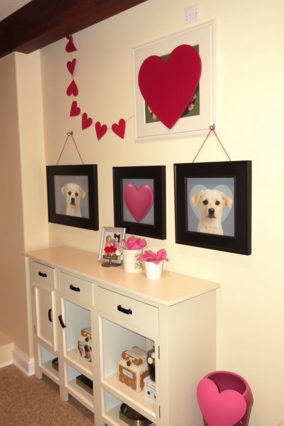 A cozy basement space decorated for Valentine's Day. Cute pet photos are displayed in heart-shaped frames, adding a personal touch to the warm ambiance.