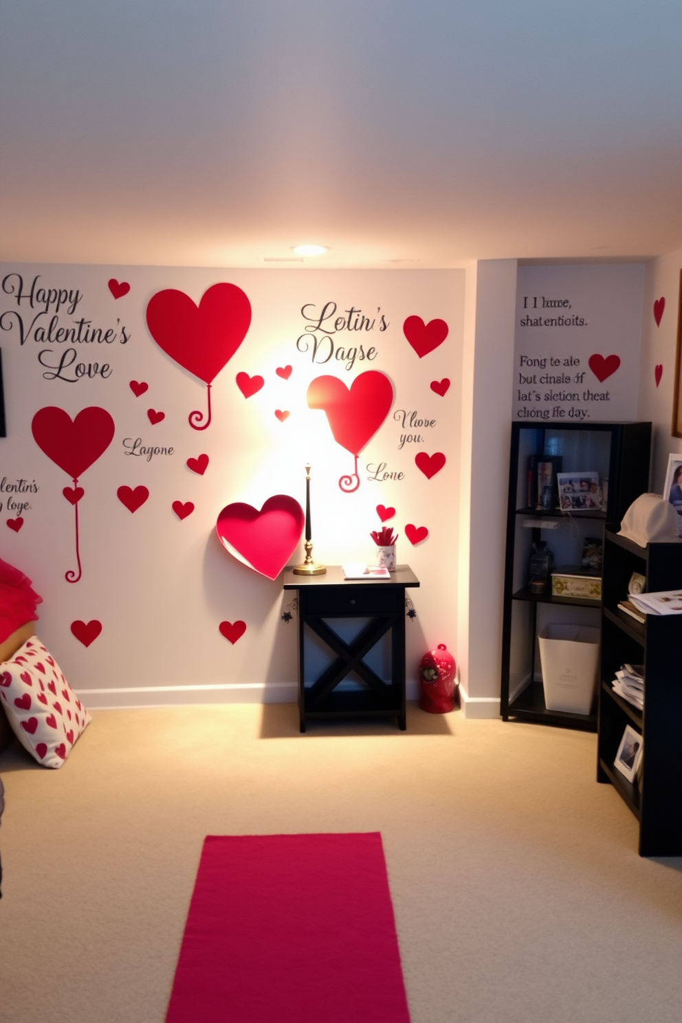 Create a cozy basement space decorated for Valentine's Day. The walls are adorned with whimsical wall decals featuring hearts and romantic love quotes, creating a warm and inviting atmosphere.