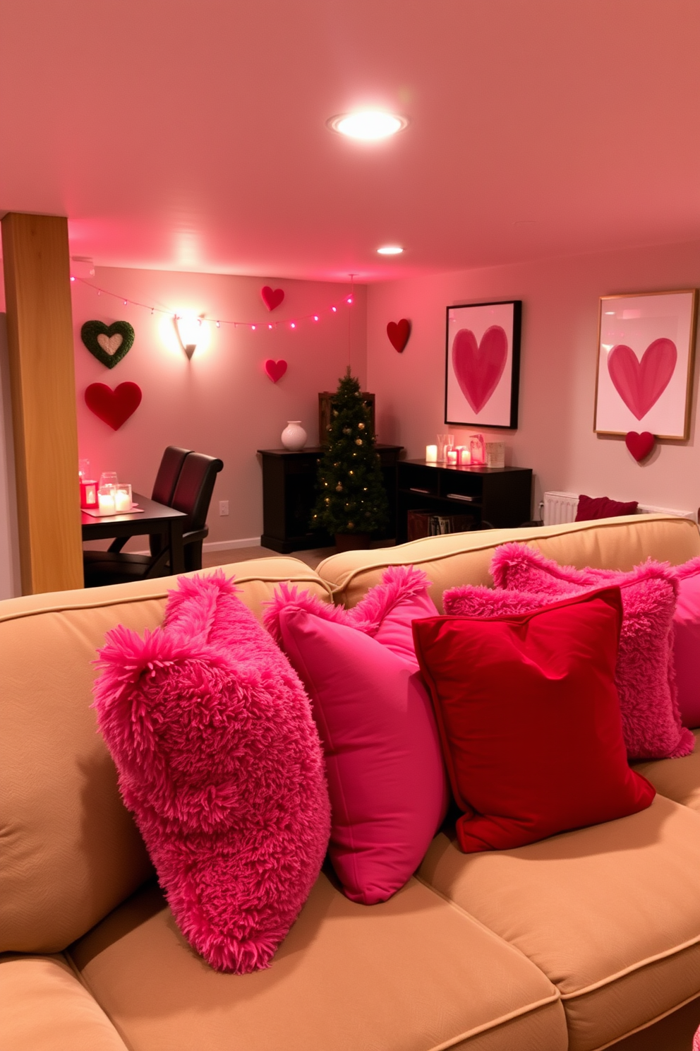 A cozy basement living area adorned with red and pink throw pillows on a plush couch. Soft ambient lighting creates a warm atmosphere, while heart-themed decorations add a festive touch for Valentine's Day.