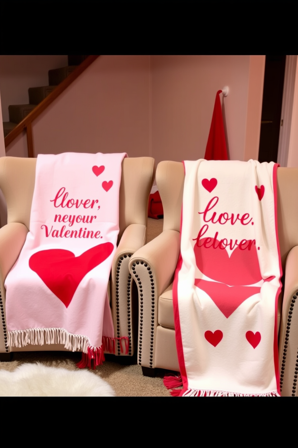 Valentine themed throw blankets are elegantly draped over plush chairs in a cozy basement setting. Soft shades of pink and red dominate the decor, creating a warm and inviting atmosphere perfect for celebrating love.