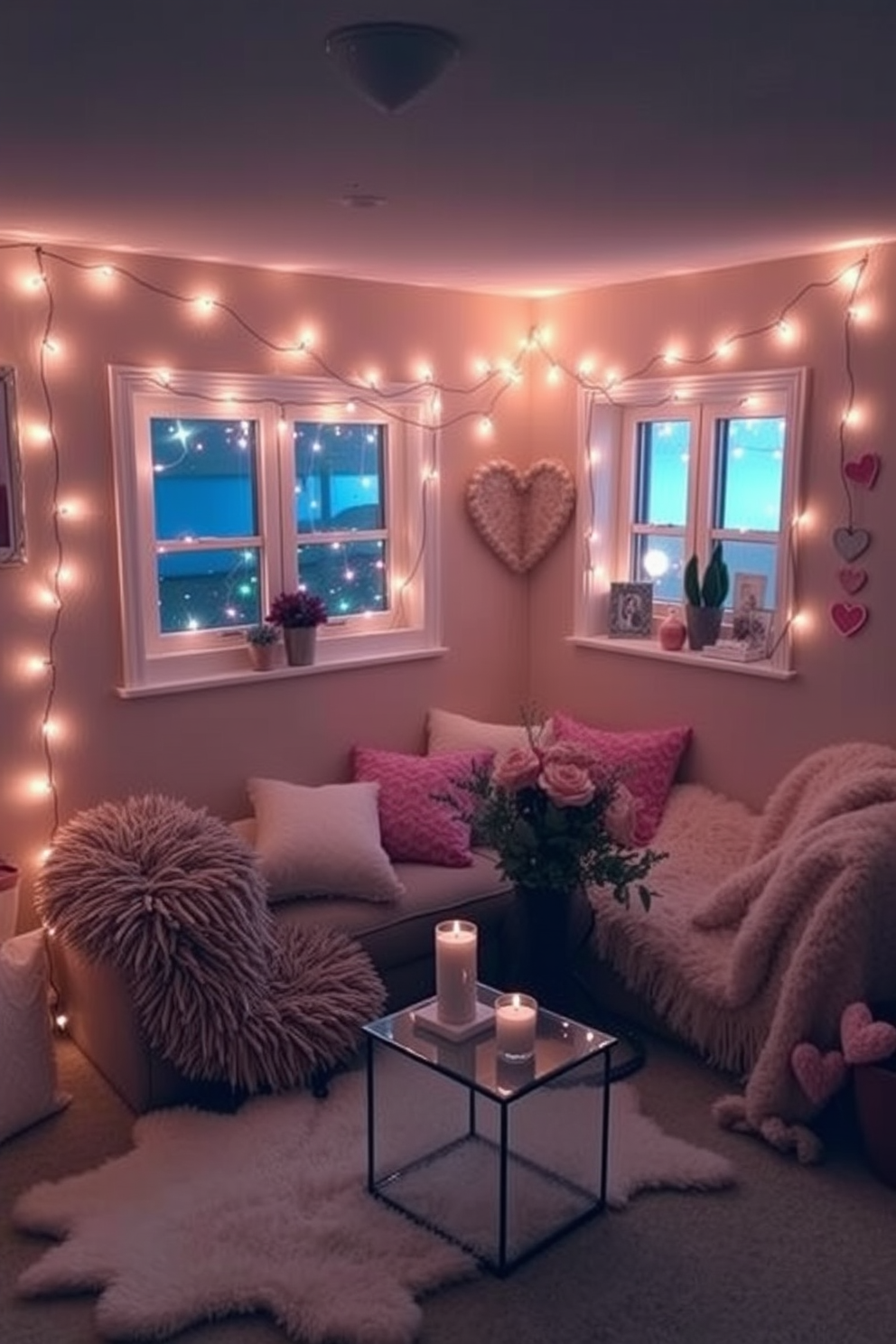 A cozy basement space adorned with romantic fairy lights draped around the windows creates an enchanting atmosphere. Soft cushions and plush throws are arranged on a comfortable seating area, inviting relaxation and warmth. Valentine's Day decorations feature heart-shaped accents and pastel colors, enhancing the romantic vibe. A small table is set with candles and fresh flowers, adding a touch of elegance to the space.