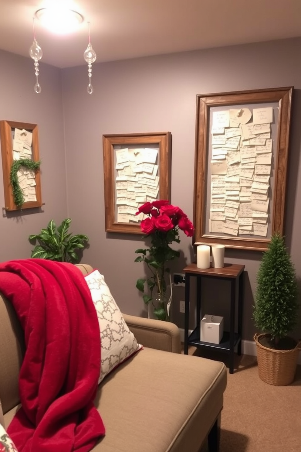 A romantic table centerpiece for Valentine's Day featuring a mix of red and pink roses in an elegant glass vase. Surrounding the vase are scattered heart-shaped candles and small decorative elements like glittery confetti and silver accents. A cozy basement decorated for Valentine's Day with soft string lights hanging from the ceiling. The space includes plush seating with red and white throw pillows, and a heart-themed banner draped across the wall.