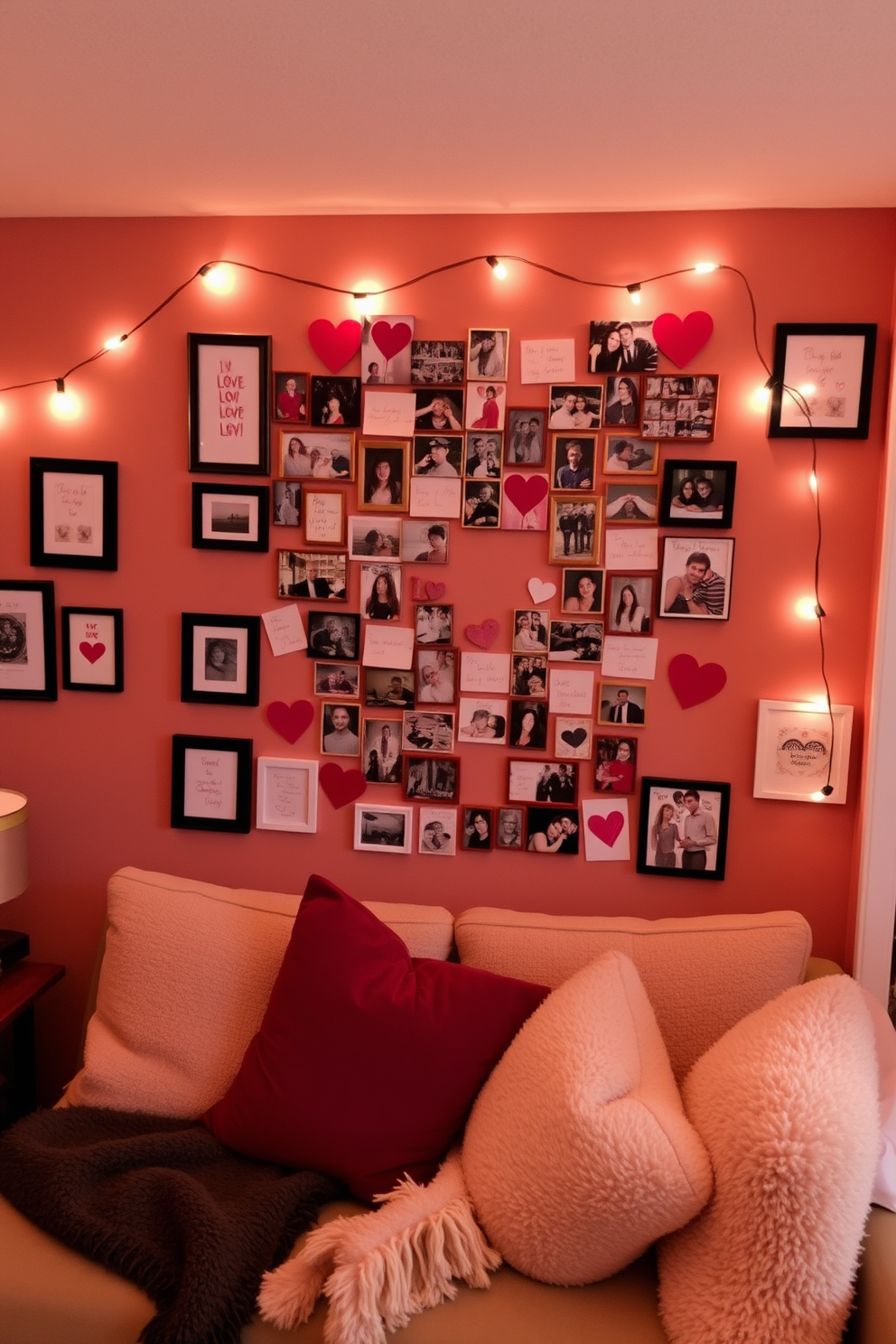 A cozy basement setting adorned with red and pink throw pillows scattered across a plush gray sectional sofa. Soft ambient lighting enhances the romantic atmosphere, while heart-themed decorations add a festive touch to the space.