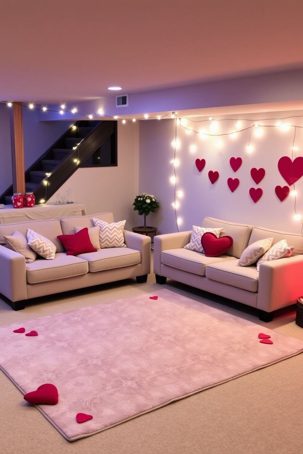 Create a charming sweetheart photo wall collage in a cozy basement setting. The wall features an array of framed photos in various sizes, arranged in a heart shape, surrounded by twinkling fairy lights for a romantic ambiance. Incorporate soft pastel colors with pink and white accents throughout the decor. Add plush cushions and a small table with Valentine's Day treats to enhance the festive atmosphere.