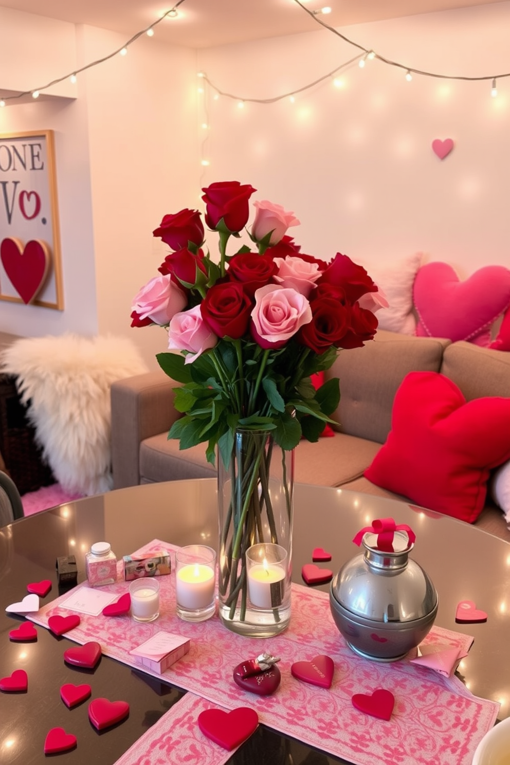 A romantic table centerpiece arrangement for Valentine's Day featuring a mix of red and pink roses in a glass vase. Surrounding the vase are scattered heart-shaped candles and small decorative items like chocolate boxes and love notes. A cozy basement decorated for Valentine's Day with soft lighting and plush seating. The space includes string lights overhead, heart-shaped pillows on the couch, and a small table set with romantic dinnerware and a festive table runner.