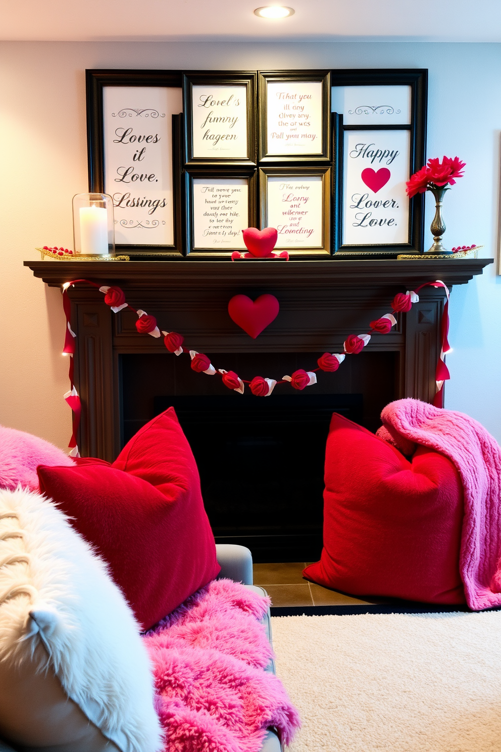 A cozy basement setting perfect for Valentine's Day. The mantel is adorned with framed love quotes in elegant frames, creating a romantic atmosphere. Soft lighting casts a warm glow over the space, highlighting the decorations. Plush throw pillows and blankets in shades of red and pink add comfort and charm to the area.